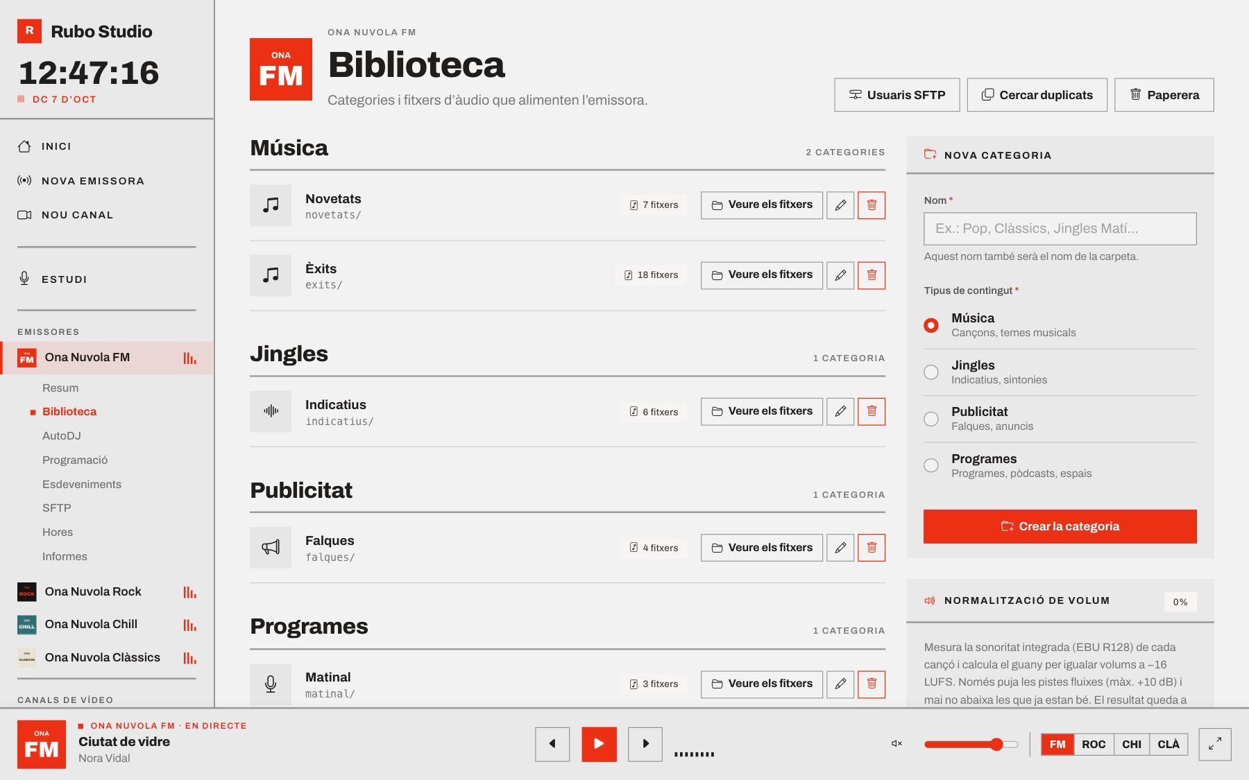 Biblioteca per categories, amb normalització del volum i anàlisi del final de pista.