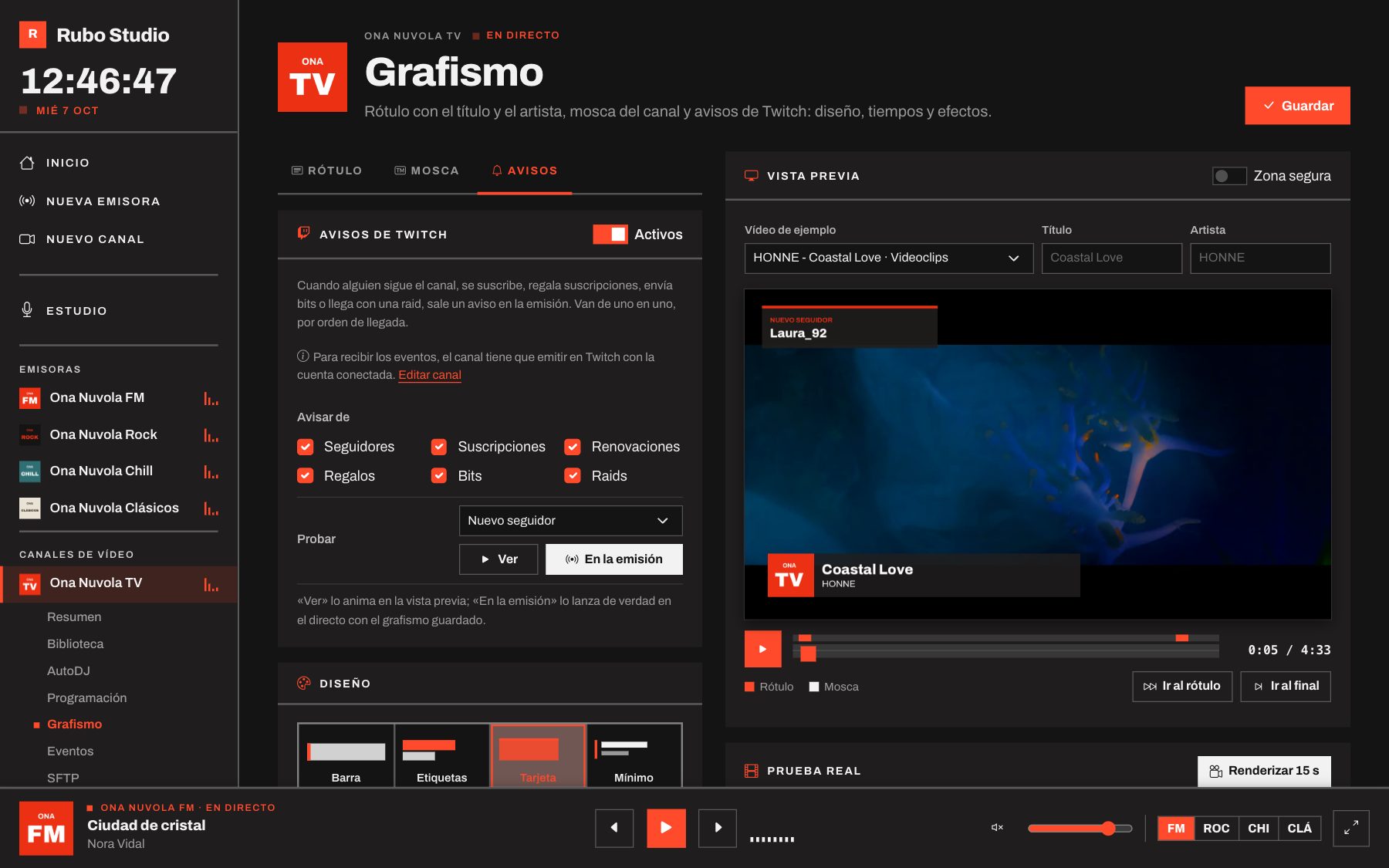 Configuración de los avisos de Twitch en el estudio de grafismo