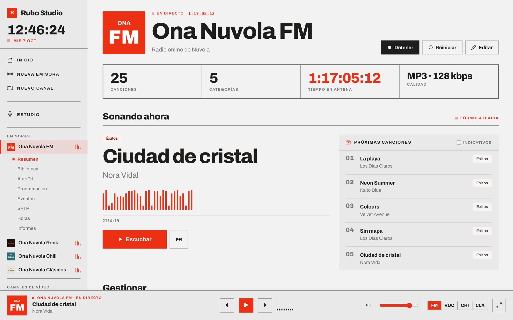Ficha de la emisora: estado, tiempo en antena, lo que suena y accesos a todo lo demás.